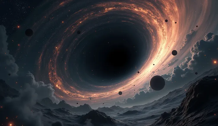 an unprecedentedly huge black hole swallows everything around it.,space is distorted