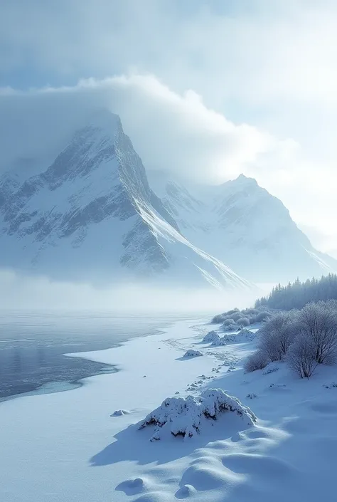 a beach covered in snow, a frozen ocean, snowy mountains in the background, dramatic lighting, cinematic composition, serene and...