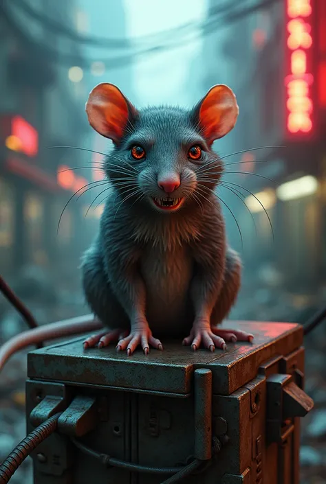 A angrest rat sitting on the cyberpunk 