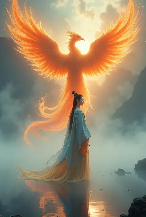 a beautiful chinese man standing on the water, misty reflection, a huge phoenix divine bird in the sky, magic, fantasy, dynamic ...