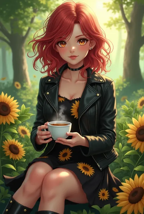 anime. Beautiful girl with medium wavy red hair, with hazel eyes, white tea, dressed in a black dress with sunflowers, leather j...