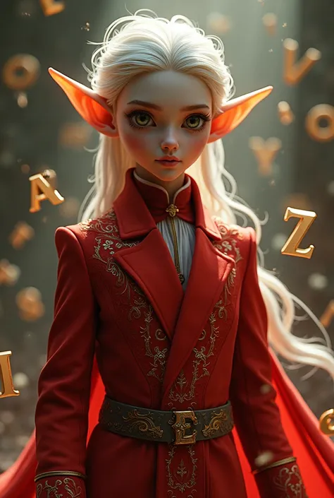 a male elf in a red suit, with letters