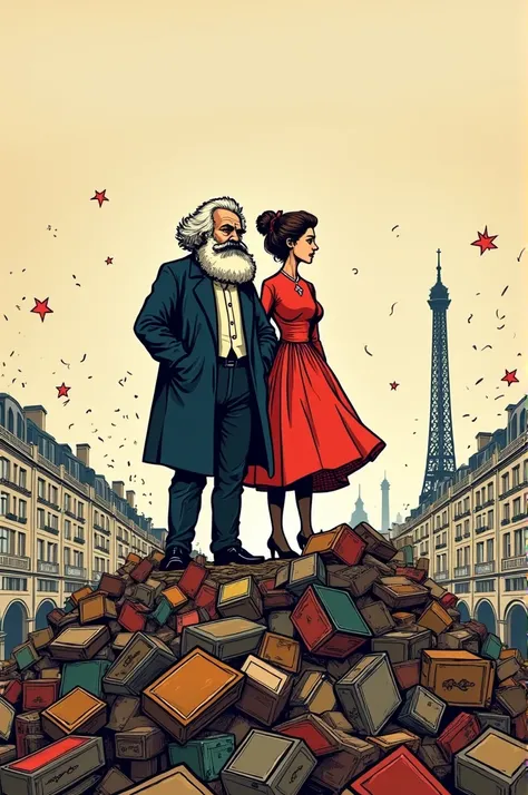 karl marx and jenny von westhpalen on a barricade in 1871 in paris doodle style