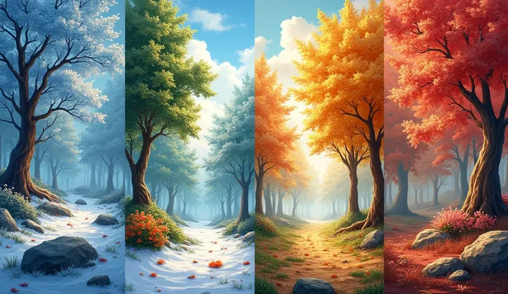 generate four panels wallmate design about 4 season like winter, summer, spring, autumn. the wallmate design not only four panel...