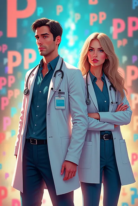 male and female doctors characters with alphabet pp in the background