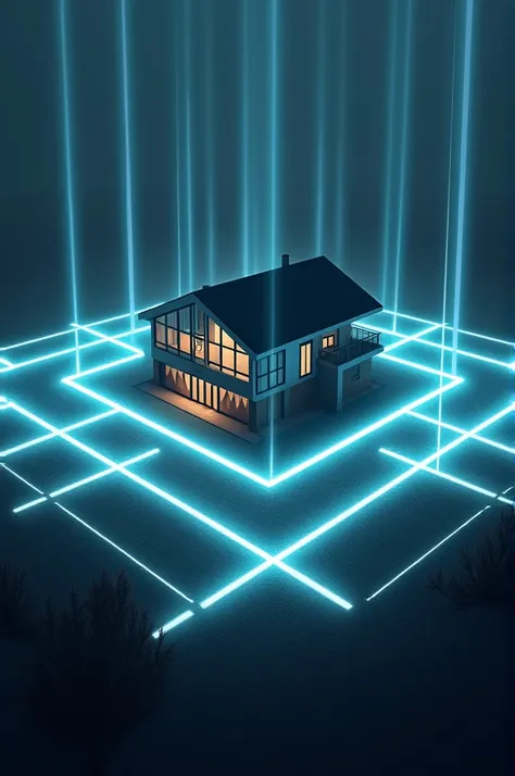 a house surrounded by laser beams as a security system.
The house was in the center, the laser light surrounding it was a square...