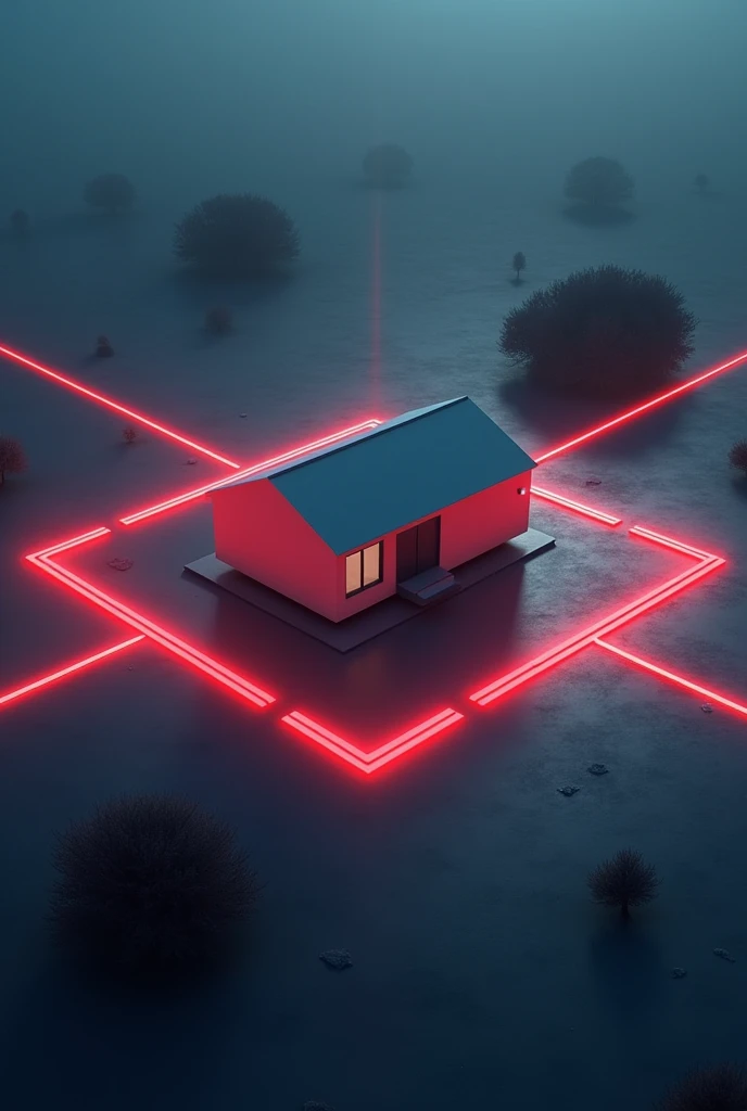 Ahouse surrounded by laser beams as a security system.
The house was in the center, the laser light surrounding it was a square ...