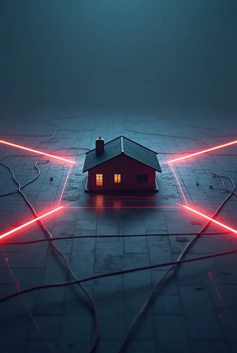 a house protected by laser light. the house was in the center and laser light surrounded it. there are only 4 laser lights surro...