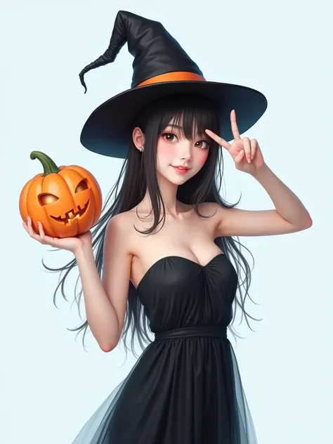 tall, pointed witch hat and strapless black dress, she had a jack-o&#39;-lantern in one hand、もう片方making a peace sign with his ha...