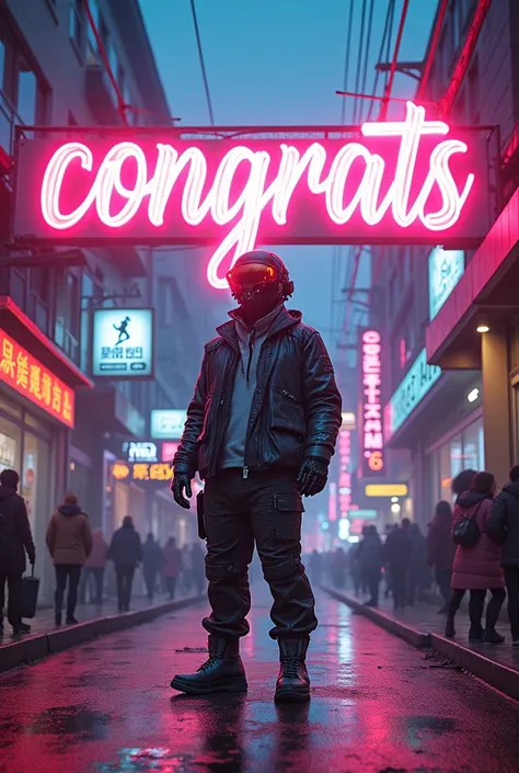 street style typography "congrats" and " RuangRiung 7k", joyfully cybernetic figure standing near it, vibrant neon flowing in th...
