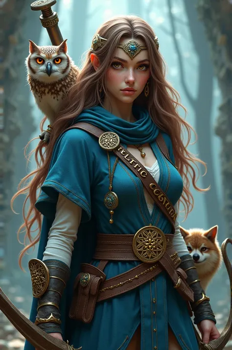 a 4d video game character who is a celtic warrior, penguin-like. she has long wavy hair, brown color, big honey-colored eyes. hi...