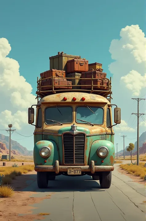 old bus with luggage rack on top full of luggage on a paved road towards the horizon full of objects