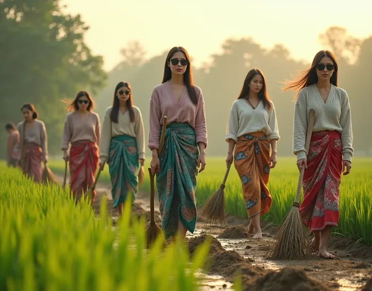 8 pretty chubby women, straight hair, wearing sunglasses, wear a sweater and a long batik sarong, planting rice in muddy fields,...