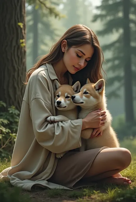 woman hugging baby wolves