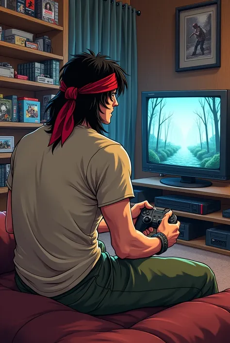 "an anime-style mini caricature of rambo sitting on a couch in a nostalgic gaming room, focused on playing a playstation 2. he’s...