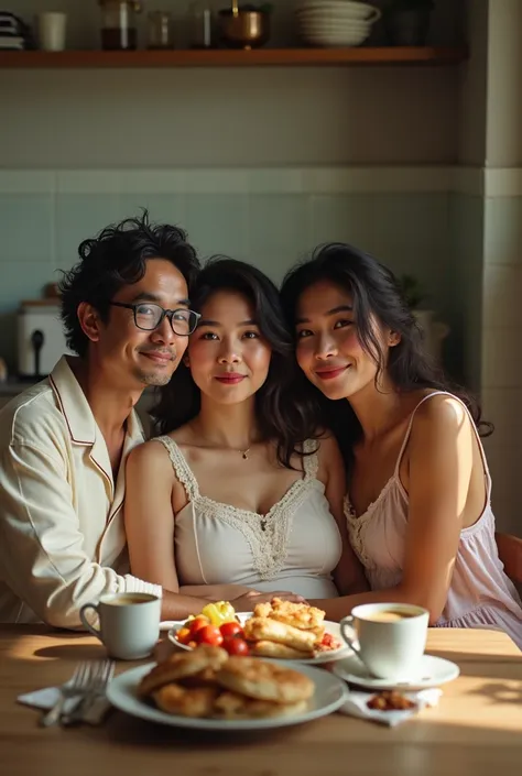 indonesian couple. the 50 year old man is a normal body wearing simple pajamas(wearing a glasses). with the 3 woman is a little ...