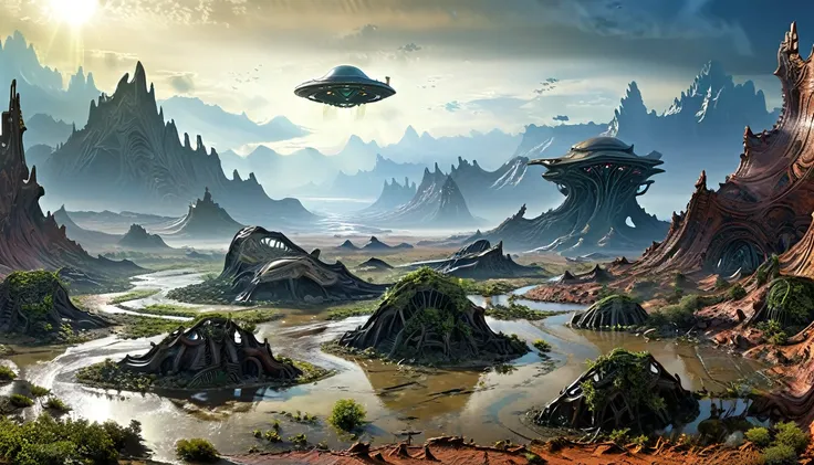 alien landscape, by arik brauer, (masterpiece, best quality, perfect composition, very aesthetic, absurdres, ultra-detailed, int...