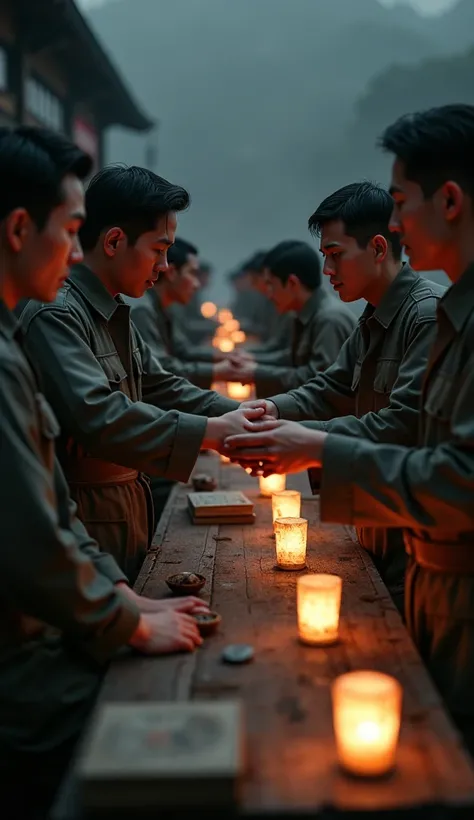 kamikaze pilots gathered together, performing a traditional sake drinking ceremony before their mission, with dim lantern light ...