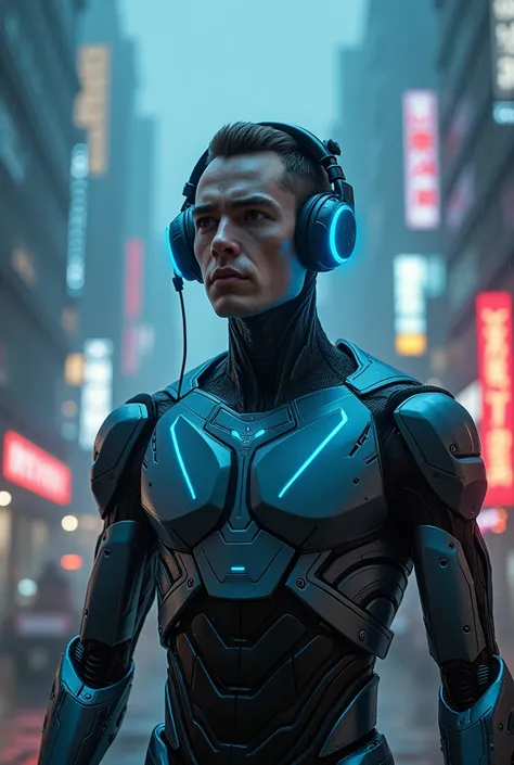 half android man wearing headphones with blue neon lead in a cyberpunk setting.