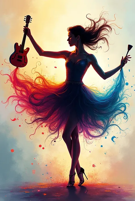 Colorful drawing of a dancer silhouette holding part of a guitar and holding a paintbrush
