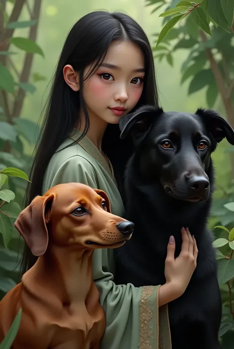 young vietnamese woman long straight black hair with 2 dogs, a brown dachshund winnie dog and a totally black calupoh wolfdog