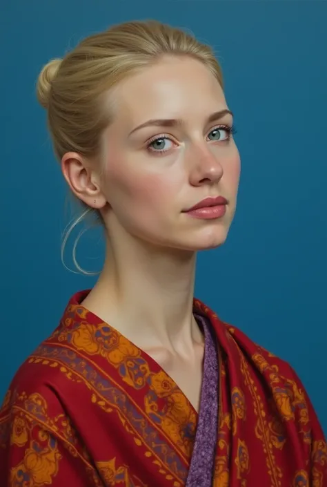 the image is a portrait of a woman painted in a realistic style. she has fair skin and her blonde hair is styled in a bun. her e...