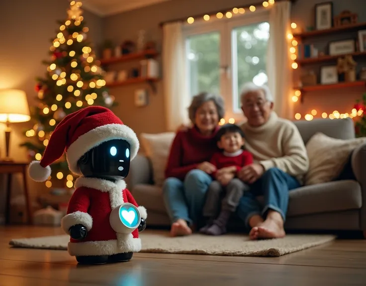 A cozy, warmly lit living room decorated for Christmas, featuring a happy elderly Japanese couple sitting on a sofa, looking dir...