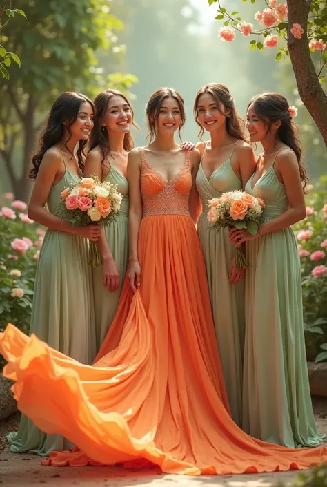 bride in orange color dress and bridemaids dress color is off green.group photo