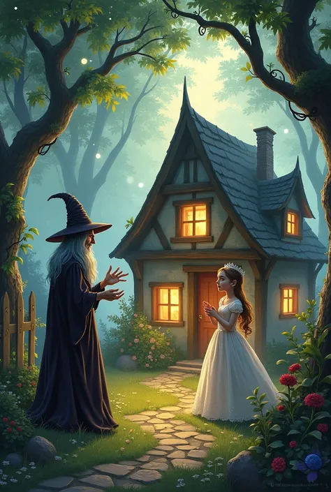 a house with a witch talking to a princess and a caged prince, and a fairy trying to help them