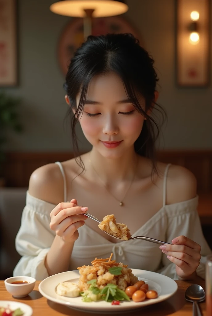 beautiful young korean woman eating