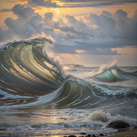 painting of a painting of a beach with waves coming in, seascape, extremly detailed oil painting, highly detailed oil painting, ...