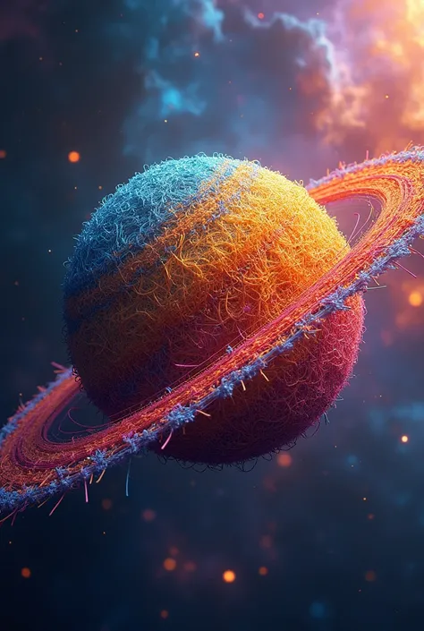 brightly colored saturn made of yarn with a nebula behind it, logo