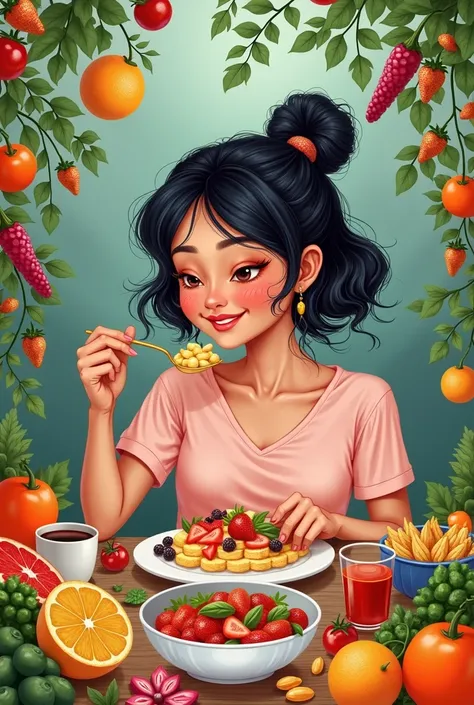 an illustrated figure enjoying a nourishing and delightful meal, surrounded by a variety of fresh, vibrant ingredients. style of...