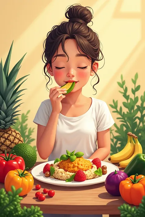 an illustrated figure enjoying a nourishing and delightful meal, surrounded by a variety of fresh, vibrant ingredients.