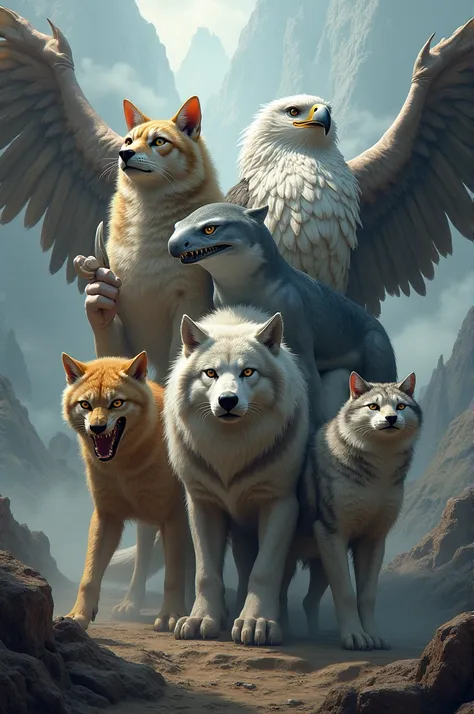 a cat 1 shark 1 wolf and an eagle all together