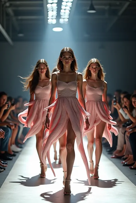 A hyper-realistic fashion photograph runway, full body shot of a 3 female spanish model with medium-length, brown hair and brown...