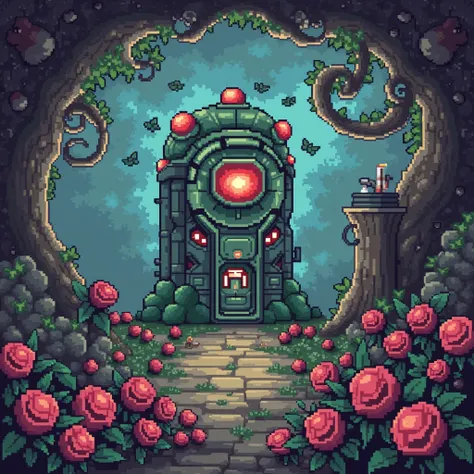 remove text from this image, leaving only the pixel art