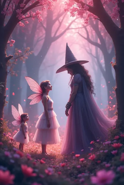 a fairy and princess together with a witch in a pink forest