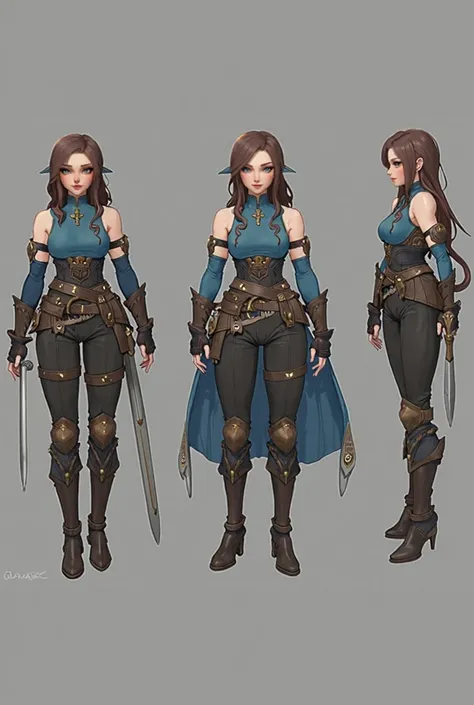 create a stylized character sheet of a girl designed for a 3d game. the character should have sculpted hair with intricate detai...