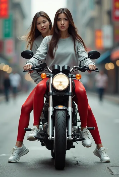 realistic full body photography style, featuring an eastern woman with long hair, wearing light gray sportswear, red transparent...