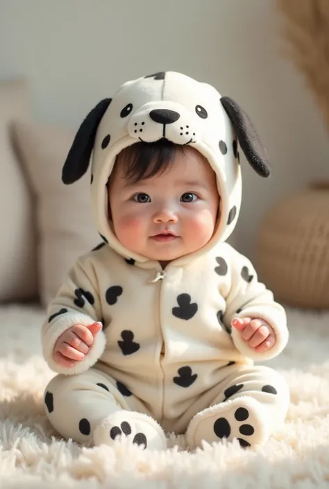 a korean baby dressed in a dalmatian costume