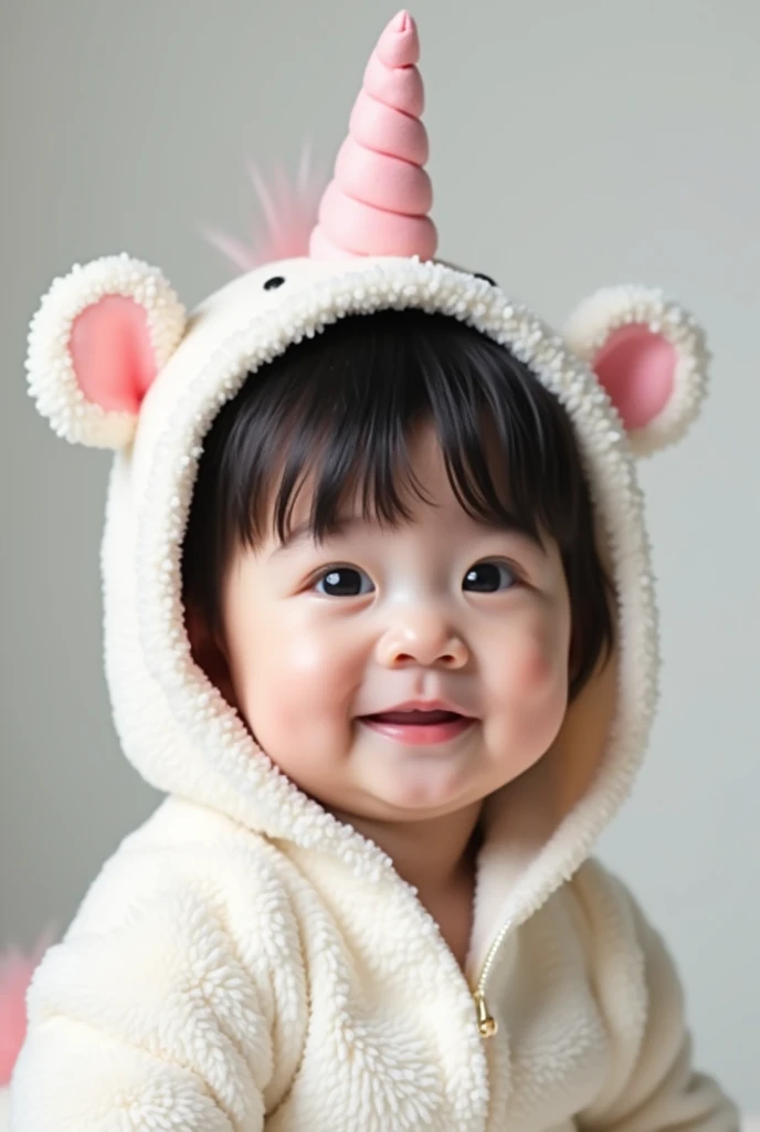 ((best quality)), ((masterpiece)), (detailed), perfect face an eleven-month-old korean baby girl. she has thick black hair with ...