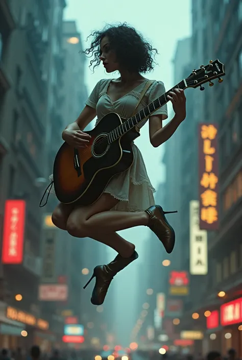 a girl transforms into a swindler. she flies up, strumming the guitar with her legs.