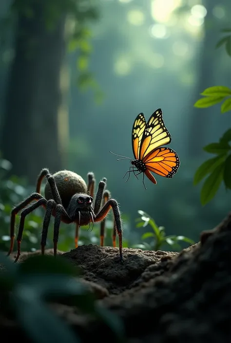 butterfly  and spider face of in amazon jungle with dark mystery background