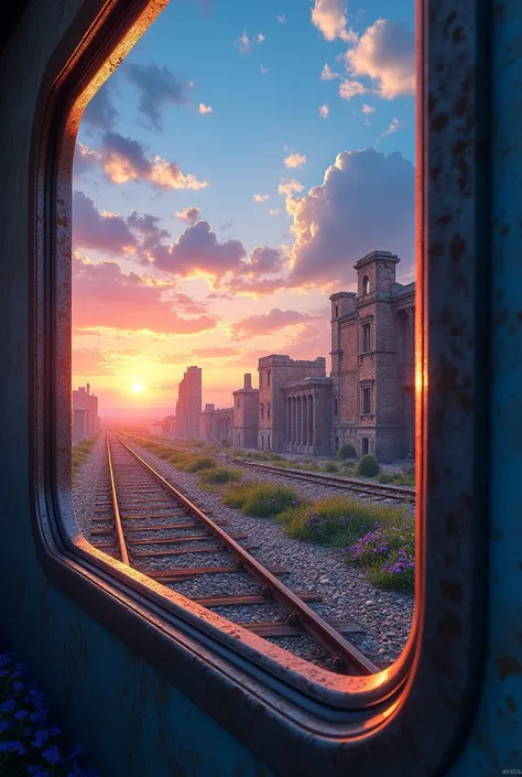 a magnificent pale orange sunset, blue sky and an abandoned ancient city seen from the train window, with lots of blue and pink ...