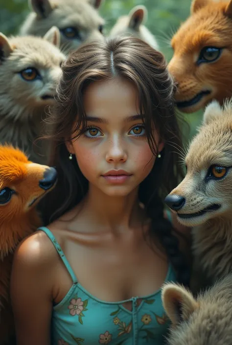 stunning hyper-realistic photograph, incredible wildlife gathering, 1 girl, beautiful detailed eyes, beautiful detailed lips, ex...