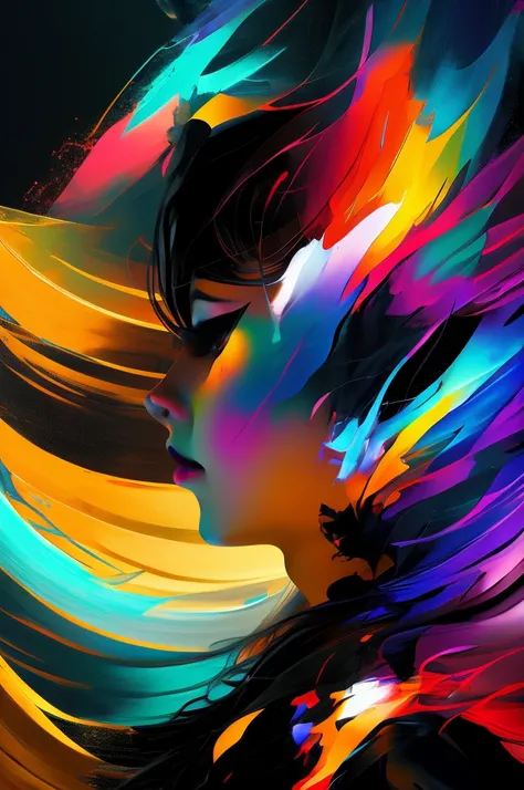 black background with spotlight, abstract painting、oil painting style、close-up profile of a girl、colorful graphics、(fractal art:...