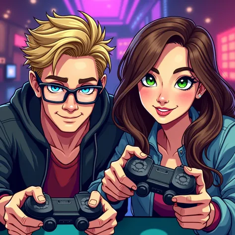 comic stil, 1 man and 1 woman, man with blond hair and blue eyes with black glasses, woman with long brown hair and green eyes, ...