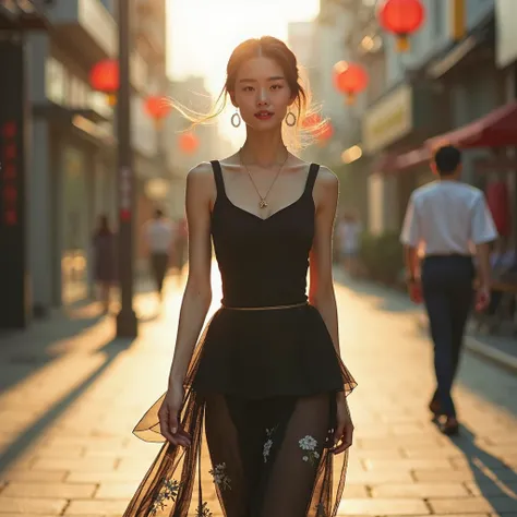 a chinese lady in simple sleeveless black blouse and layered see through skirt with intricate flower patterns and black flat sho...