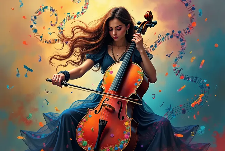 a stunning high quality photo of a vibrant and colorful portrayal of a woman playing a cello. she is surrounded by swirling patt...